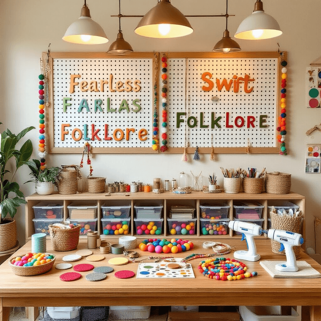 DIY Friendship Bracelet Garland: Transform Your Space with This Trendy Taylor Swift-Inspired Decor A cozy craft room featuring a large wooden table covered with supplies for making friendship bracelet garlands, including foam circles, letter stickers, colorful ball pit balls, fishing line, and hot glue guns. In-progress projects hang on a pegboard, showcasing vibrant color combinations with phrases like 'FEARLESS' and 'FOLKLORE' in autumn hues. The scene is illuminated by warm pendant lighting, highlighting organized storage, mood boards, and natural wood textures.
