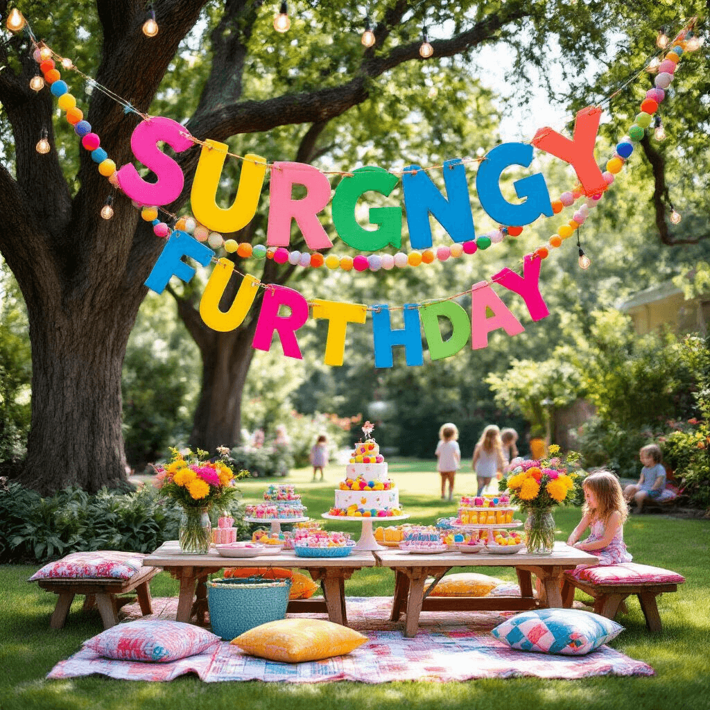 DIY Friendship Bracelet Garland: Transform Your Space with This Trendy Taylor Swift-Inspired Decor A vibrant outdoor birthday party featuring oversized friendship bracelet garlands strung between mature trees, spelling out song lyrics in bold colors. Below are picnic-style low tables with vintage quilts, party favors, and a tiered cake display, with string bistro lights and fresh flower arrangements. Children play in the background, all bathed in dappled sunlight.