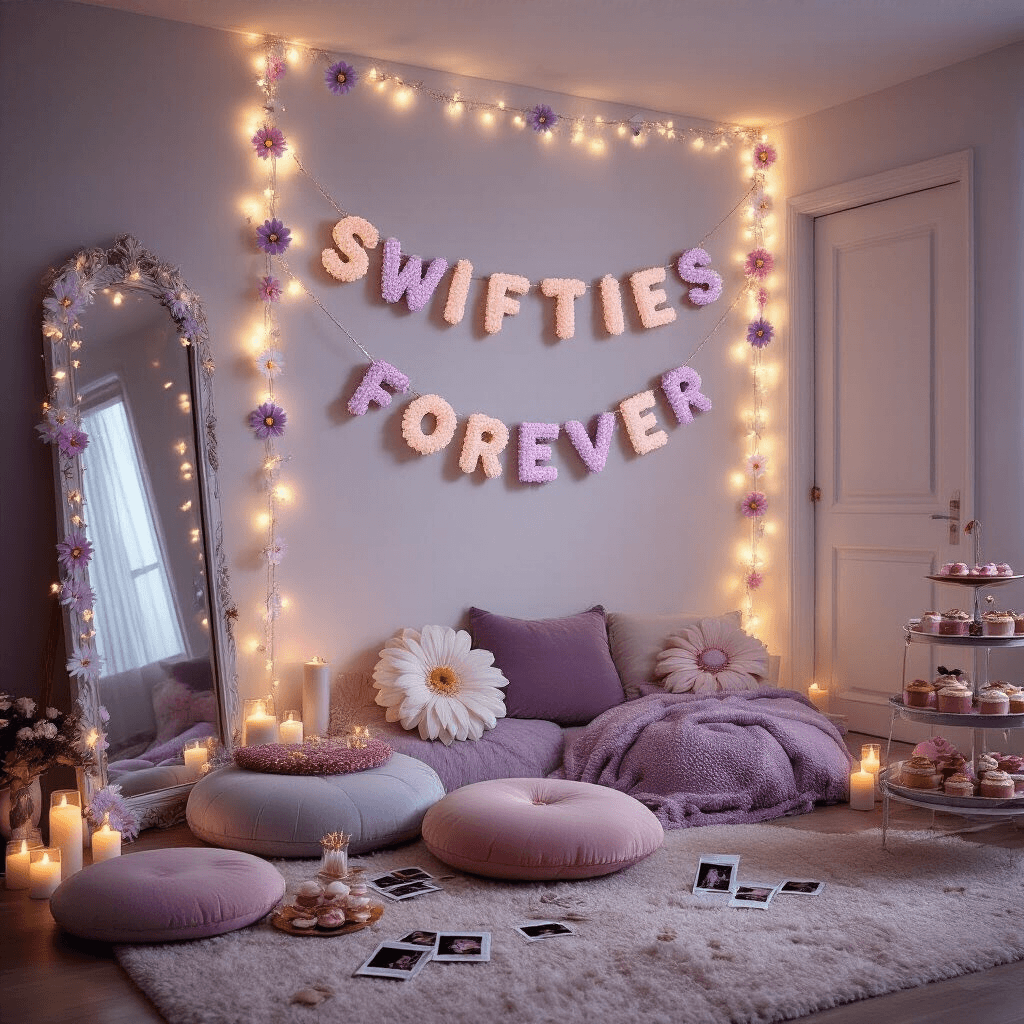DIY Friendship Bracelet Garland: Transform Your Space with This Trendy Taylor Swift-Inspired Decor A cozy teen sleepover scene in a modern bedroom, featuring pastel daisy-variation friendship bracelet garlands spelling 'SWIFTIES FOREVER' on an accent wall, 3D foam flowers in lavender, soft pink, and cream, warm candlelight, velvet floor cushions, fairy lights overhead, scattered Polaroid photos, and a dessert cart with themed treats.