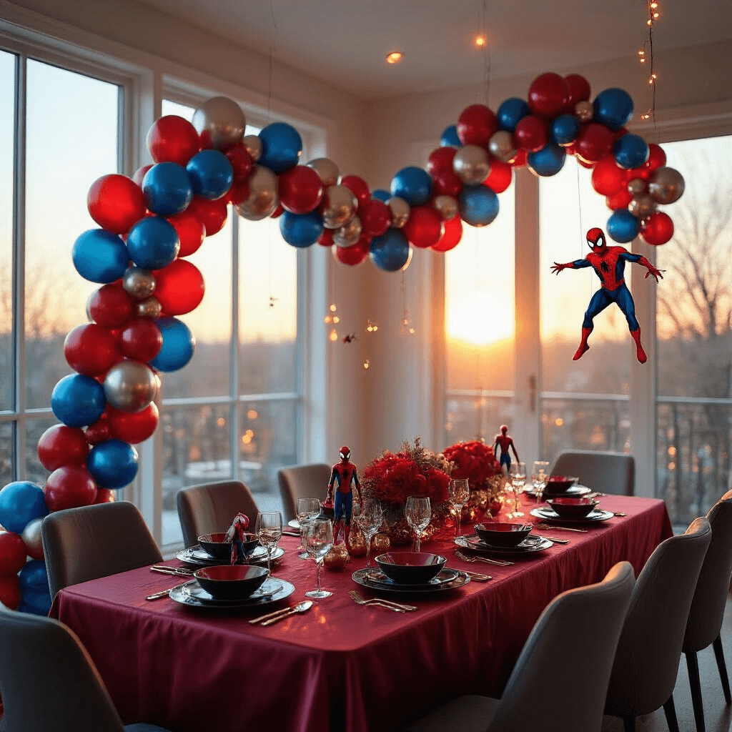 Creating the Perfect Spiderman Balloon Garland That'll Make Your Party Legendary Cinematic wide-angle shot of an elegant indoor living room transformed for a party, featuring a stunning Spiderman balloon garland above a modern dining table with a deep red silk tablecloth and sleek black dinnerware, bathed in golden hour sunlight with metallic blue and silver balloons, intricate web-like arrangements, LED fairy lights, and a luxurious yet playful ambiance.