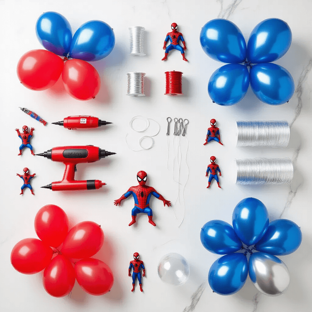 Creating the Perfect Spiderman Balloon Garland That'll Make Your Party Legendary Overhead view of a tidy marble workspace featuring supplies for a Spiderman balloon garland, including balloons in red, blue metallic, and silver chrome, an electric balloon pump, clear decorating strips, fishing line, command hooks, and Spiderman figures among partially assembled garland sections, all illuminated by natural sunlight.