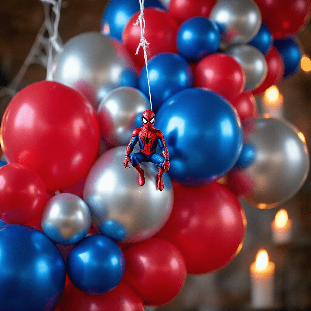 Creating the Perfect Spiderman Balloon Garland That'll Make Your Party Legendary Close-up detail of a Spiderman balloon garland featuring deep red, electric blue metallic, and silver chrome balloons, showcasing professional clustering and color mastery. Soft candlelight highlights textures while small accent balloons and a Spiderman figure add depth and atmosphere against a blurred party backdrop.