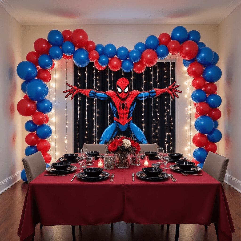 Creating the Perfect Spiderman Balloon Garland That'll Make Your Party Legendary Wide-angle view of a modern dining area featuring a vibrant Spiderman balloon garland above a stylish table set with black ceramic plates on a deep red tablecloth, illuminated by fairy lights, creating a sophisticated yet playful superhero celebration atmosphere.