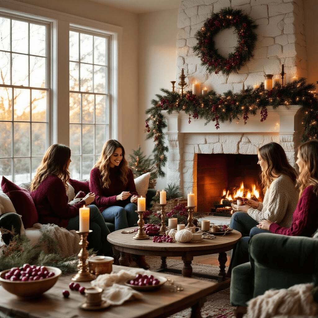 How to Make a Cranberry Garland That'll Make Your Neighbors Jealous Cozy living room with warm golden hour light, featuring a cranberry garland on a white stone mantel, a crackling fireplace, vintage brass candlesticks, guests in cable-knit sweaters, plush velvet cushions, and crafting activities with fresh cranberries and embroidery supplies, all under twinkling fairy lights.
