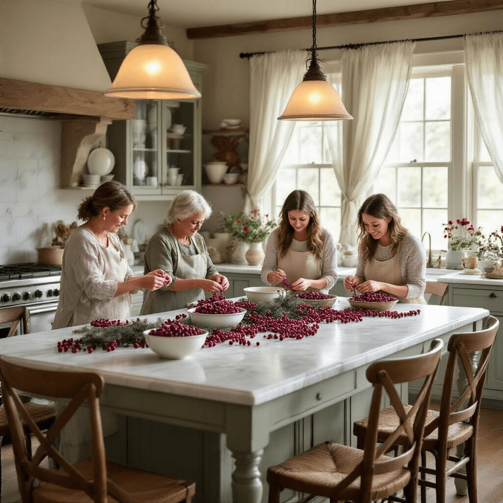 How to Make a Cranberry Garland That'll Make Your Neighbors Jealous A cozy farmhouse kitchen bathed in soft morning light, featuring a multi-generational cranberry garland making workshop around a marble-topped island, with rustic chairs, vibrant red cranberries, warm pendant lighting, and vintage decor, capturing a festive and intimate holiday crafting atmosphere.