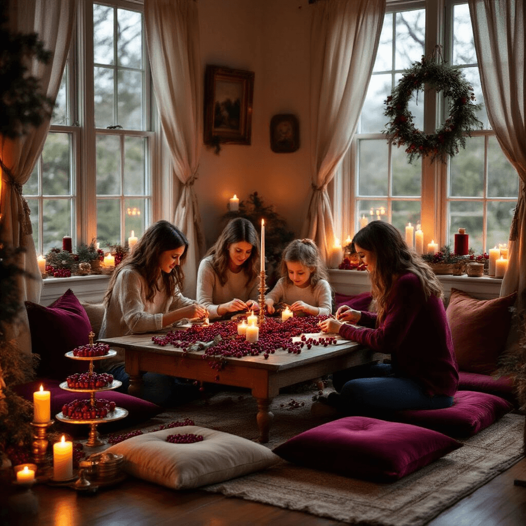 How to Make a Cranberry Garland That'll Make Your Neighbors Jealous An intimate cranberry garland crafting station featuring a low wooden table with floor cushions, illuminated by candlelight, displaying glass cake stands of fresh cranberries and vintage sewing tools, with completed garlands framing sheer-draped windows, creating a cozy holiday workshop atmosphere.