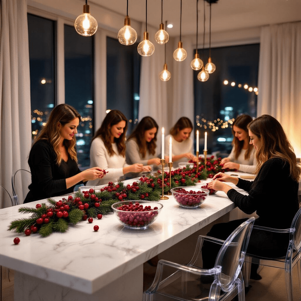 How to Make a Cranberry Garland That'll Make Your Neighbors Jealous A modern apartment at night featuring a cranberry garland-making party, with marble countertops, glass bowls of fresh cranberries, round acrylic chairs, and a floating white table. String lights cast a warm glow while city lights twinkle through tall windows. The decor showcases deep cranberry red, white, and metallic gold accents, with detail shots of crafting tools and finished garlands, creating a luxe yet festive atmosphere.