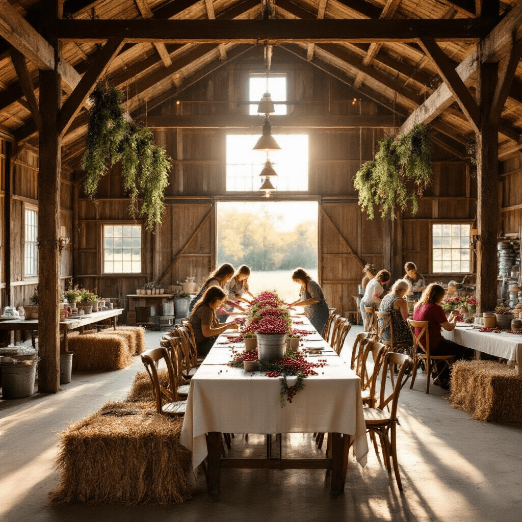 How to Make a Cranberry Garland That'll Make Your Neighbors Jealous A rustic barn venue during golden hour holds a cranberry garland workshop, featuring farmhouse tables with ivory linens, mismatched vintage chairs, and hay bale seating. Natural sunlight streams through wooden beams, highlighting crafting activities with fresh cranberries in galvanized buckets. The scene is filled with joy as generations create together, surrounded by dried florals and completed garlands, embodying a festive holiday atmosphere.