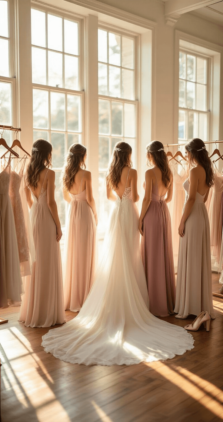 Mix-and-Match Bridesmaid Dresses A sunlit bridal boutique featuring floor-to-ceiling windows, showcasing a bride and her three bridesmaids admiring chiffon dresses in blush pink, dusty rose, and mauve, with polished hardwood floors and accessories nearby.