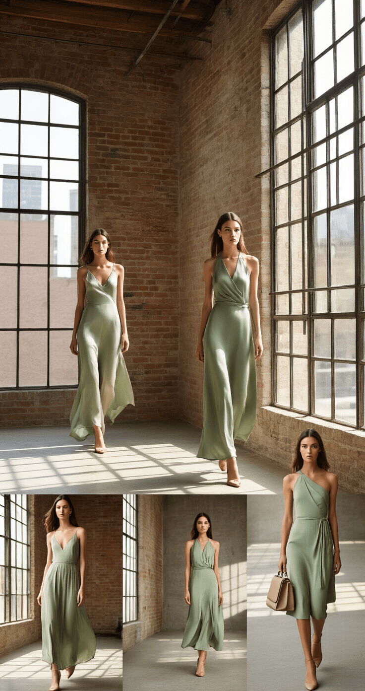 Mix-and-Match Bridesmaid Dresses Chic urban loft featuring industrial brick walls and large steel-framed windows, illuminated by bright midday light. Models showcase monochromatic sage green dresses in silk, chiffon, and crepe styles, paired with minimalist gold jewelry, nude leather pumps, and structured clutches. Includes close-up detail shots of the outfits and accessories.