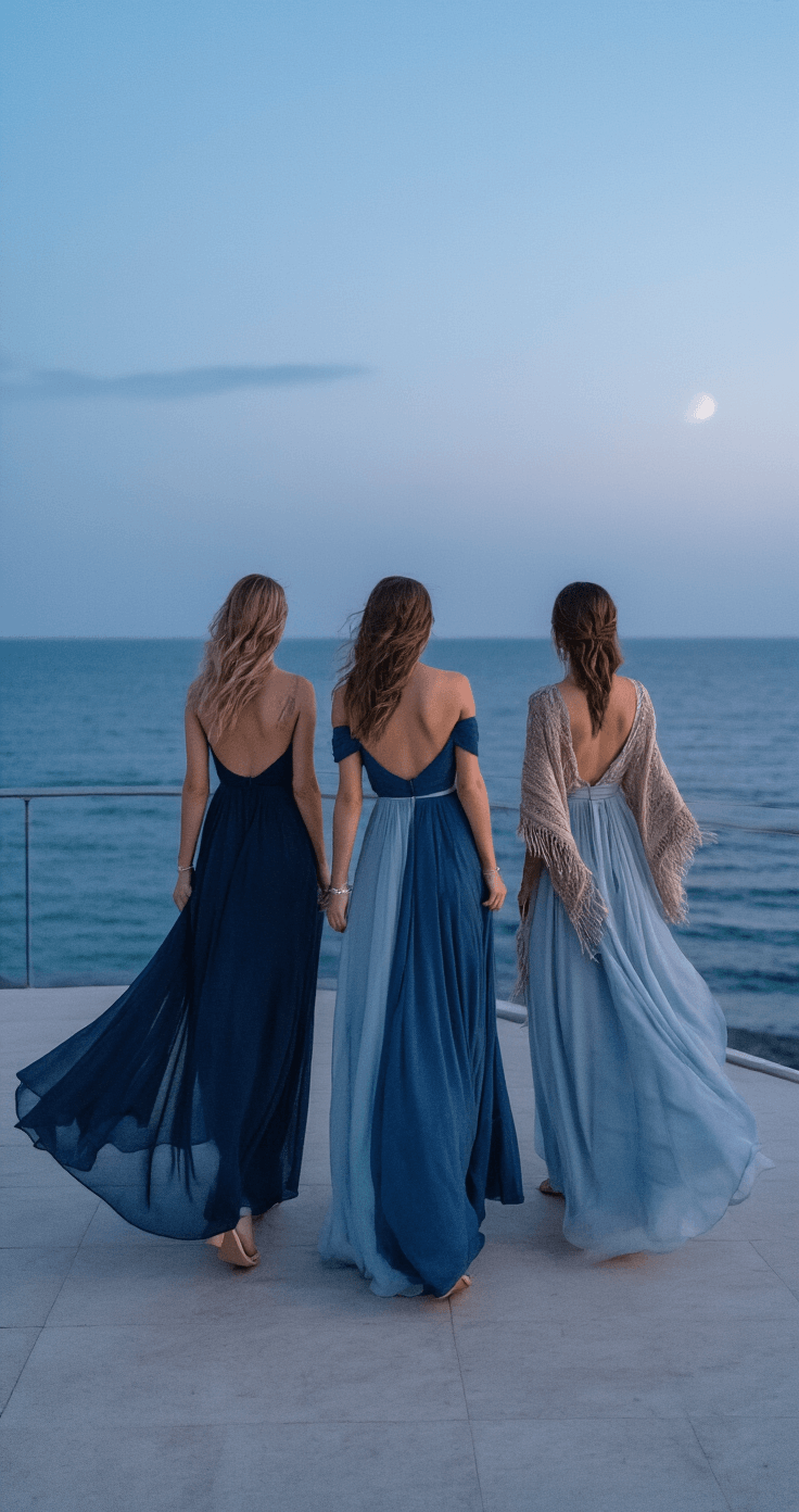 Mix-and-Match Bridesmaid Dresses Coastal wedding venue terrace at blue hour, featuring navy and dusty blue gowns of varying styles, adorned with silver jewelry. Nude wedges and woven shawls add texture, with a romantic atmosphere highlighted by gentle fabric movement in the ocean breeze.