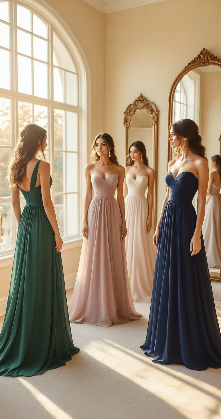 Long Bridesmaid Dresses That Actually Make You Look Amazing (Not Like a Walking Curtain) Photorealistic bridal boutique fitting room at golden hour, featuring bridesmaids in emerald green, dusty rose, and navy blue A-line chiffon gowns, illuminated by soft natural light from large windows. Cream walls and vintage mirrors complement the elegant scene as models adjust their floor-length dresses with sweetheart and V-necklines, accessorized with pearls and nude block heels, captured with shallow depth of field highlighting their graceful silhouettes.