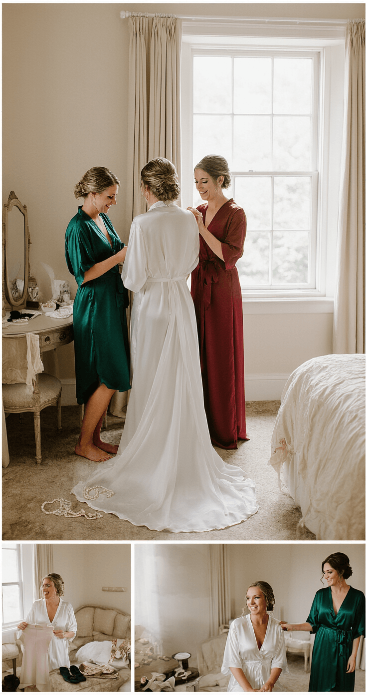 Long Bridesmaid Dresses That Actually Make You Look Amazing (Not Like a Walking Curtain) A cozy bridal suite filled with natural light, showcasing bridesmaids in matching silk robes preparing for the wedding. The room features cream bedding, vintage furniture, and pearl accessories, with long emerald green and deep burgundy dresses hanging nearby. A handheld steamer removes wrinkles from the gowns, while nude block heels and gold jewelry await, capturing candid moments of joy and excitement.