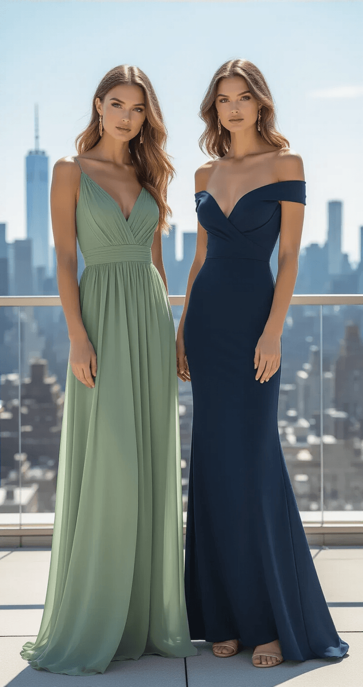 Long Bridesmaid Dresses That Actually Make You Look Amazing (Not Like a Walking Curtain) Chic urban rooftop terrace with city skyline; two bridesmaids in contrasting long dresses—one in a sage green flowing empire waist chiffon gown, the other in a navy blue sleek sheath column jersey dress; bright natural lighting highlights fabric textures and neckline designs; minimal gold accessories and concealed wedge heels.