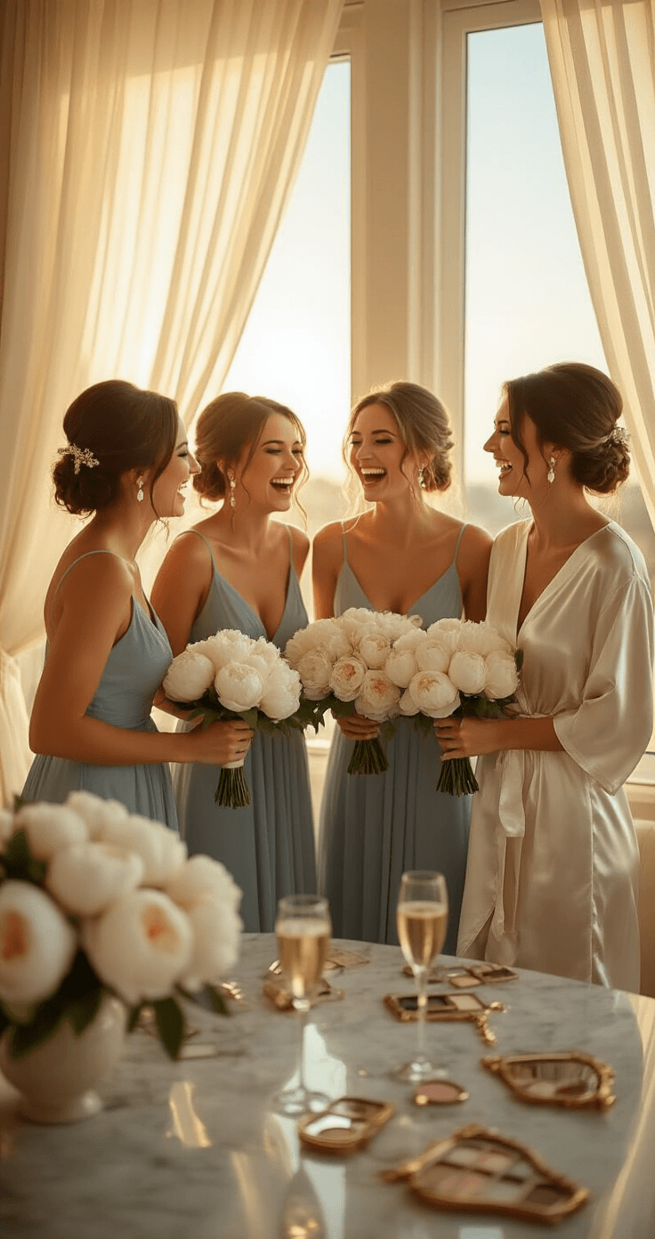 Short Bridesmaid Dresses: The Complete Guide to Styling Your Perfect Wedding Look Cinematic shot of a bride in a silk robe holding a bouquet of white peonies, surrounded by her laughing bridesmaids in dusty blue chiffon dresses, all illuminated by golden hour light streaming through sheer curtains in a sunlit bridal suite. The scene features a marble vanity with scattered makeup, champagne glasses, and vintage mirrors, conveying genuine emotions and elegant textures.