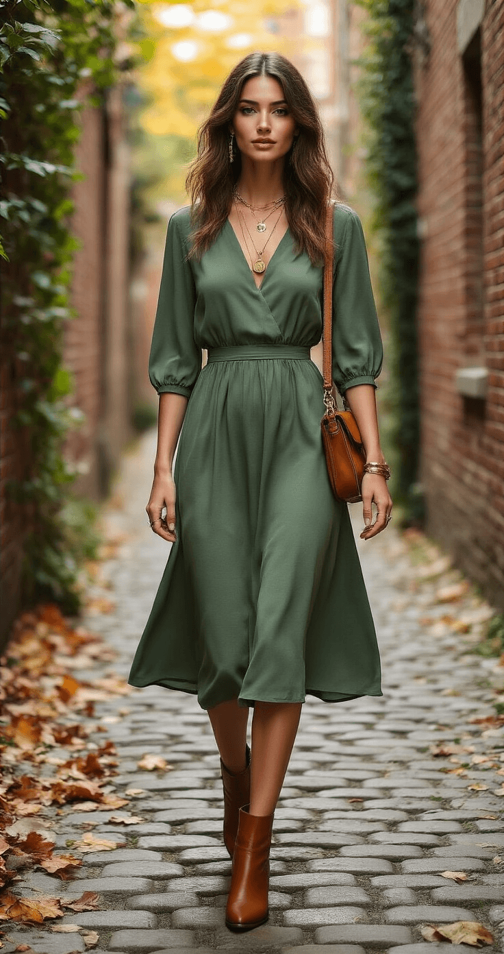 Short Bridesmaid Dresses: The Complete Guide to Styling Your Perfect Wedding Look Model in a sage green midi dress and cognac leather ankle boots, walking on a cobblestone alley adorned with autumn leaves, framed by brick walls and ivy, with soft afternoon light illuminating the scene.