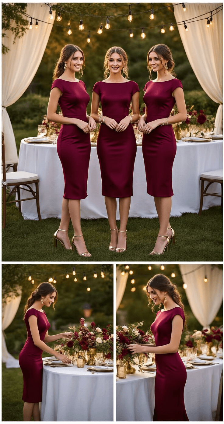 Short Bridesmaid Dresses: The Complete Guide to Styling Your Perfect Wedding Look Elegant outdoor garden party featuring white linen-draped tables and string lights in a soft twilight setting. Three bridesmaids in tea-length burgundy satin dresses with cap sleeves and metallic gold block heels are arranging florals on a reception table, showcasing dress movement. The rich jewel-tone color palette includes deep reds, forest greens, and gold accents, illuminated by warm golden lighting.