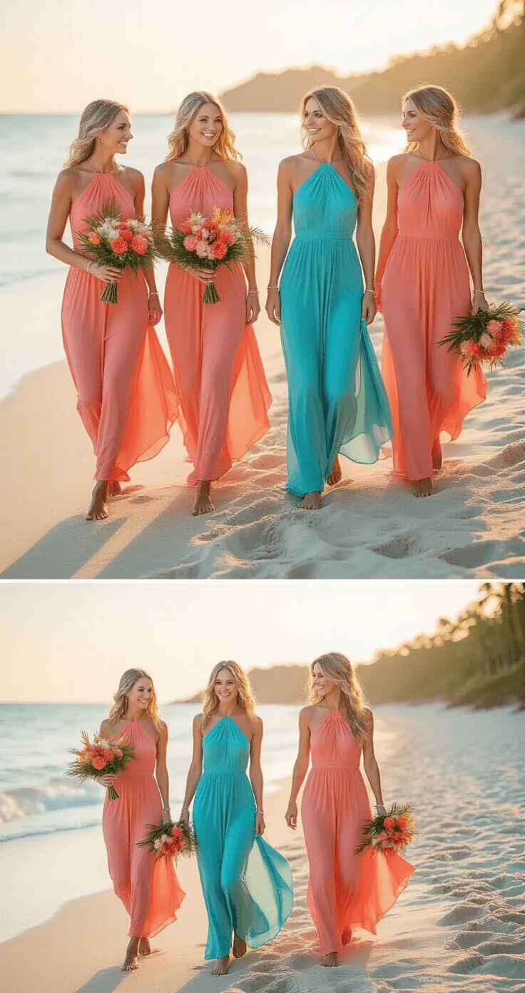 Short Bridesmaid Dresses: The Complete Guide to Styling Your Perfect Wedding Look Bridesmaids in coral chiffon dresses walking along the beach during golden hour, holding tropical flower bouquets with ocean waves and soft sand in the background, captured in warm romantic lighting.