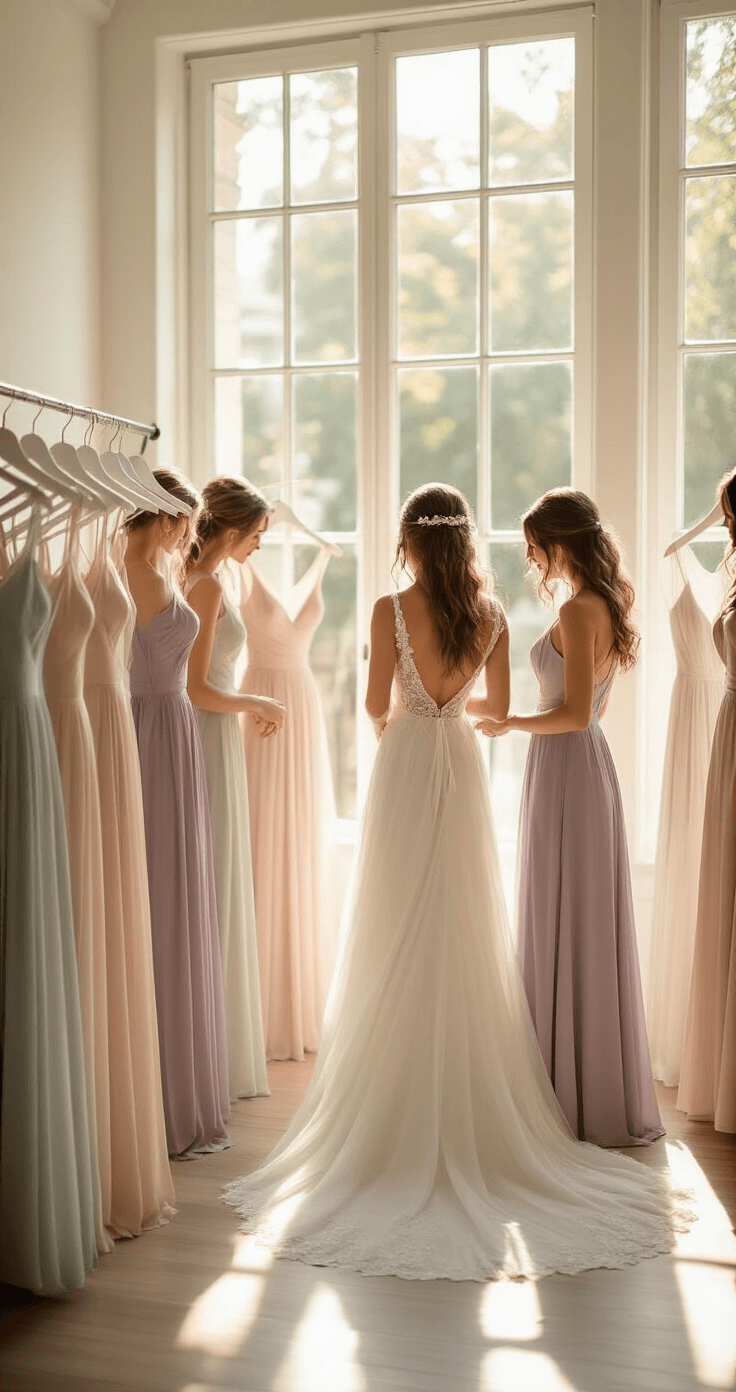 Pastel Bridesmaid Dresses: Your Complete Guide to the Prettiest Bridal Party Looks A bridal boutique bathed in warm afternoon sunlight, featuring elegant white racks displaying pastel bridesmaid dresses in blush, lavender, and sage. A bride and her bridesmaids explore flowing chiffon and crepe fabrics, engaging in color discussions.