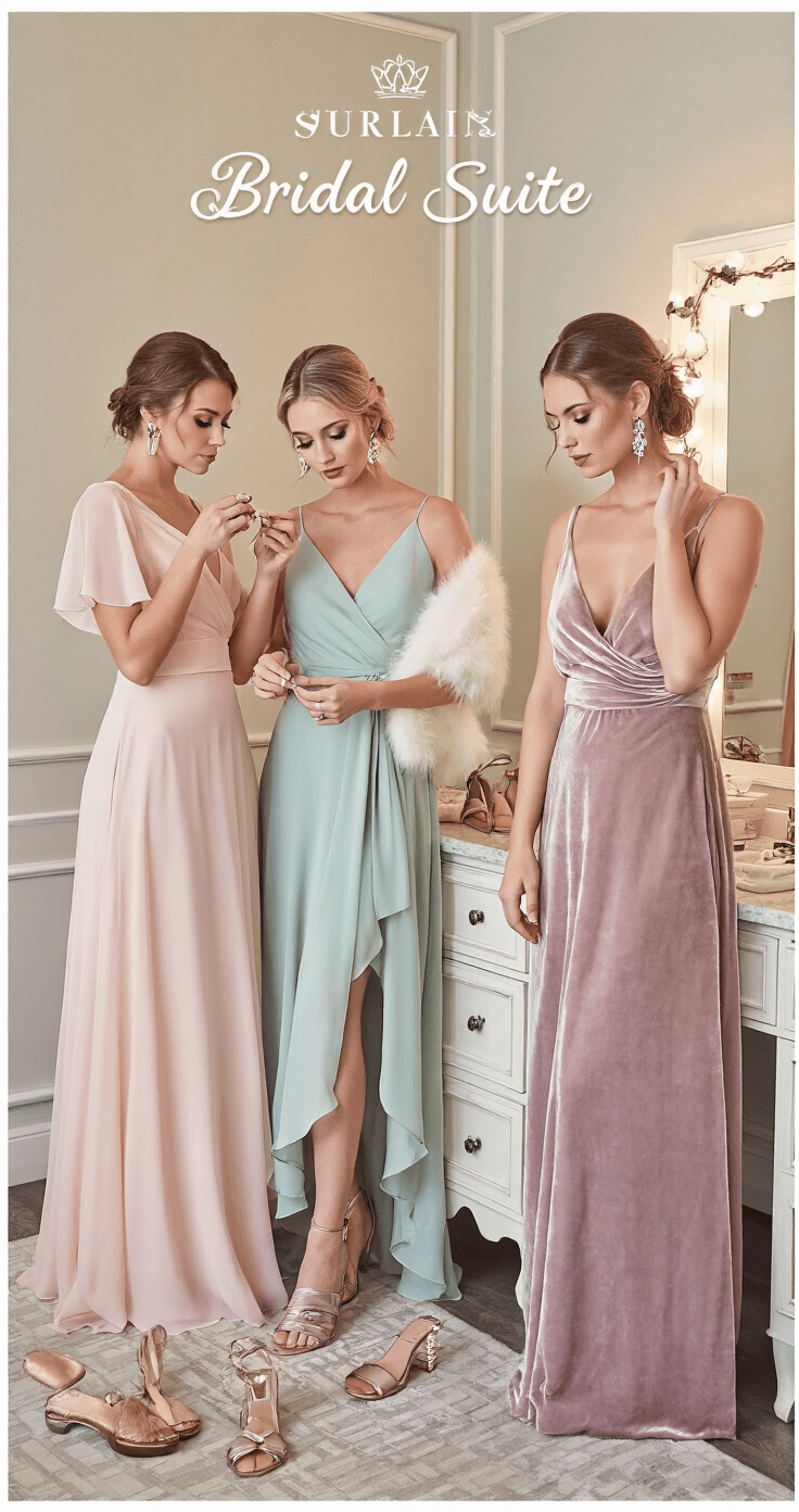 Pastel Bridesmaid Dresses: Your Complete Guide to the Prettiest Bridal Party Looks Three bridesmaids in an elegant bridal suite, dressed in pastel outfits for each season: spring blush chiffon, summer seafoam stretch satin, and fall mauve velvet. They are arranging accessories like metallic sandals, faux fur wraps, and statement earrings on a marble vanity, showcasing how pastels can adapt beautifully across seasons.