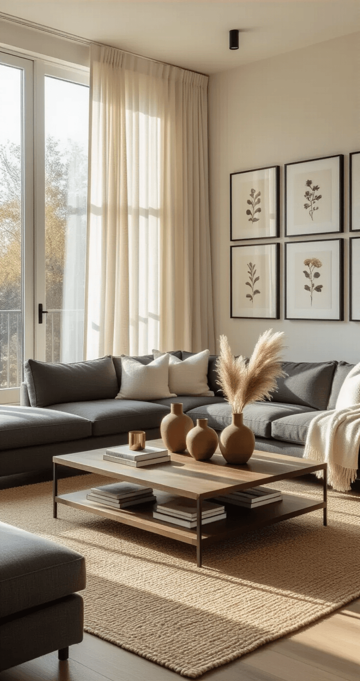 "Home Decor Inspiration: Personalizing Your Space with Style and Function" Wide-angle shot of a spacious living room illuminated by golden hour light, featuring a charcoal gray sectional sofa with cream throw pillows, a walnut coffee table with decorative items, a natural beige jute rug, and a gallery wall of botanical prints, all enhanced by sheer ivory curtains filtering sunlight through floor-to-ceiling windows.