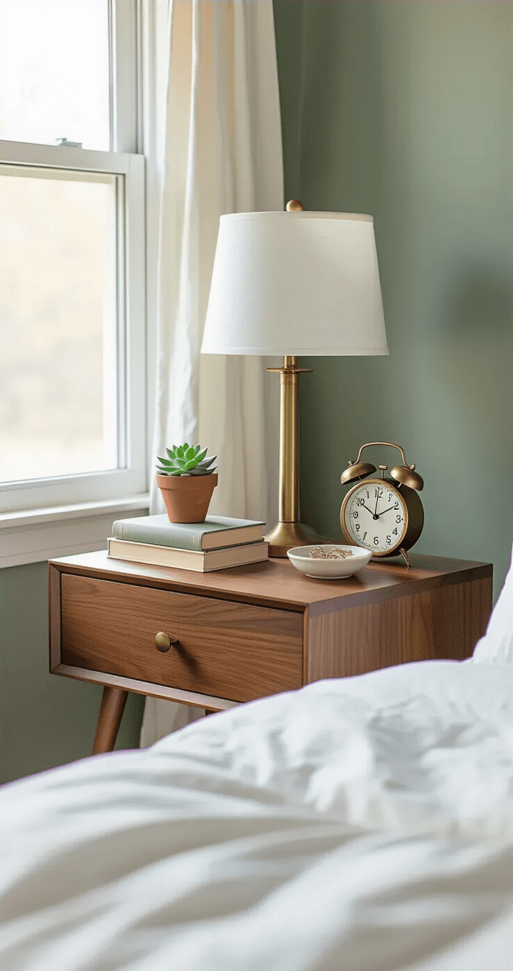 "Home Decor Inspiration: Personalizing Your Space with Style and Function" Close-up of a styled bedroom nightstand featuring an aged brass lamp, succulent in a terracotta pot, vintage brass alarm clock, and a stack of hardcover books in muted colors, all bathed in soft morning light from a north-facing window. A glimpse of rumpled white bedding and a sage green accent wall is visible in the background.