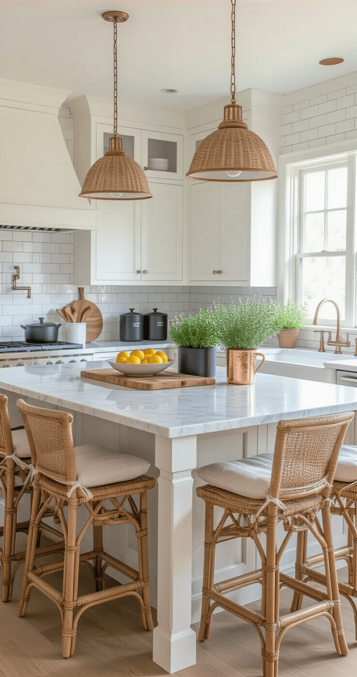 "Home Decor Inspiration: Personalizing Your Space with Style and Function" A warm and inviting kitchen island scene featuring a large Carrara marble-topped island with gray veining, three woven rattan bar stools with oatmeal-colored cushions, and decorative elements such as fresh lemons on a wooden cutting board, matte black ceramic canisters, potted herbs in galvanized metal containers, and copper Moscow mule mugs, all illuminated by pendant and natural window light. Classic white shaker cabinets and a subway tile backsplash adorn the sophisticated galley kitchen space.