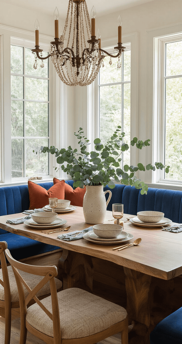 "Home Decor Inspiration: Personalizing Your Space with Style and Function" Cozy dining nook with a built-in banquette, navy blue velvet bench, live-edge walnut table for six, and warm chandelier lighting, featuring a table set with speckled ceramic dinnerware, brass flatware, deep forest green napkins, and a fresh eucalyptus centerpiece.