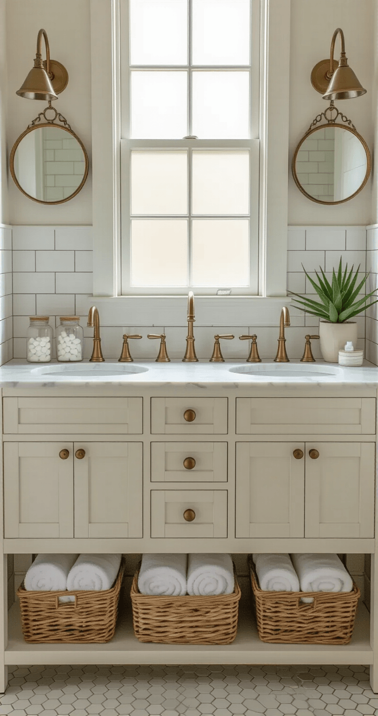"Home Decor Inspiration: Personalizing Your Space with Style and Function" A serene bathroom vanity scene in soft morning light, featuring a double vanity in aged brass and white marble, apothecary jars, rolled white towels in wicker baskets, and vintage brass mirrors, all set against white subway tile walls and hexagon marble floor tiles.