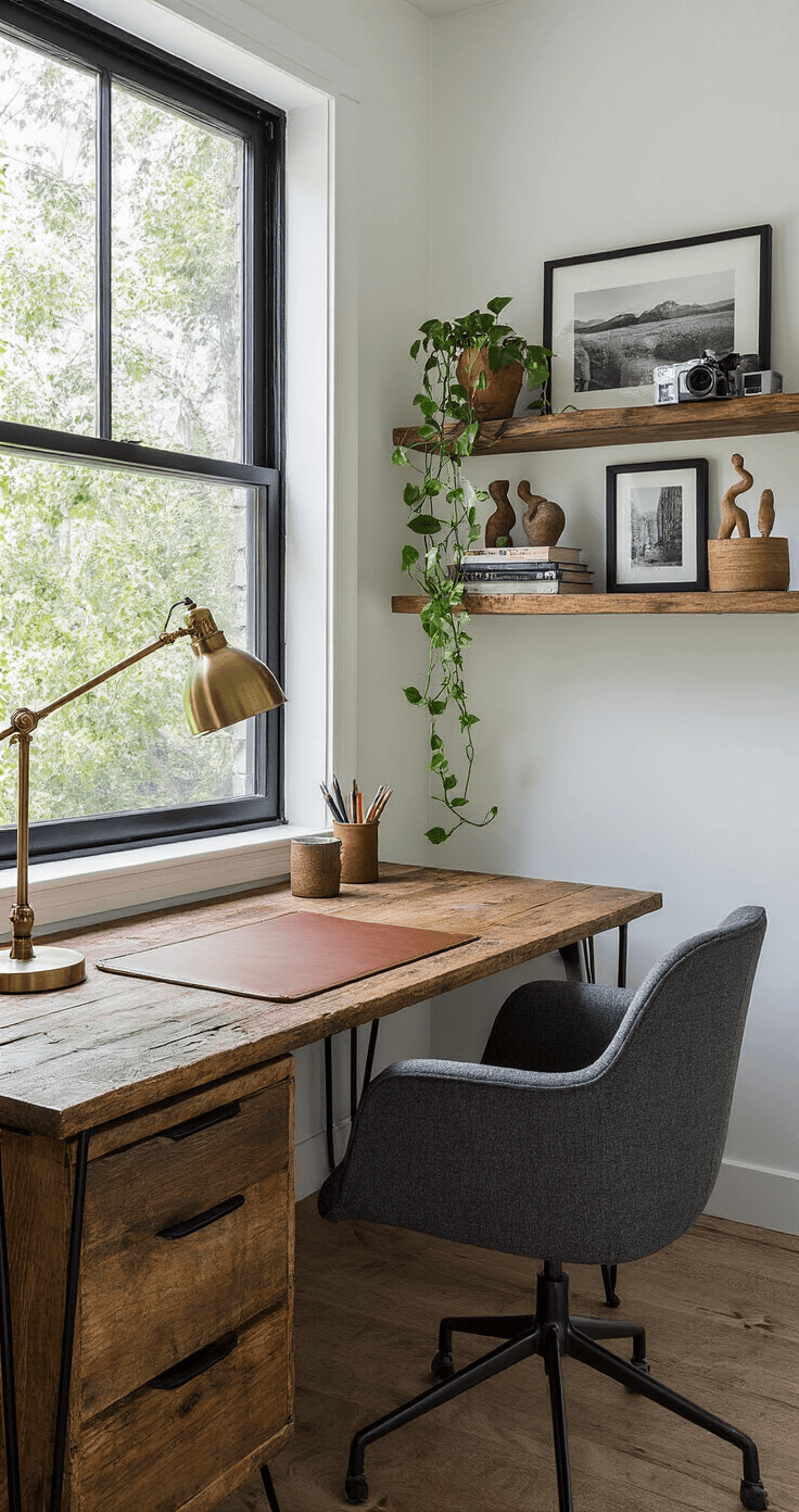 "Home Decor Inspiration: Personalizing Your Space with Style and Function" A well-lit home office corner featuring a reclaimed wood desk with steel legs, a vintage brass lamp, and a leather desk pad. The space includes colorful built-in shelves with books and plants, a charcoal gray ergonomic chair, and a gallery wall of black and white photography.