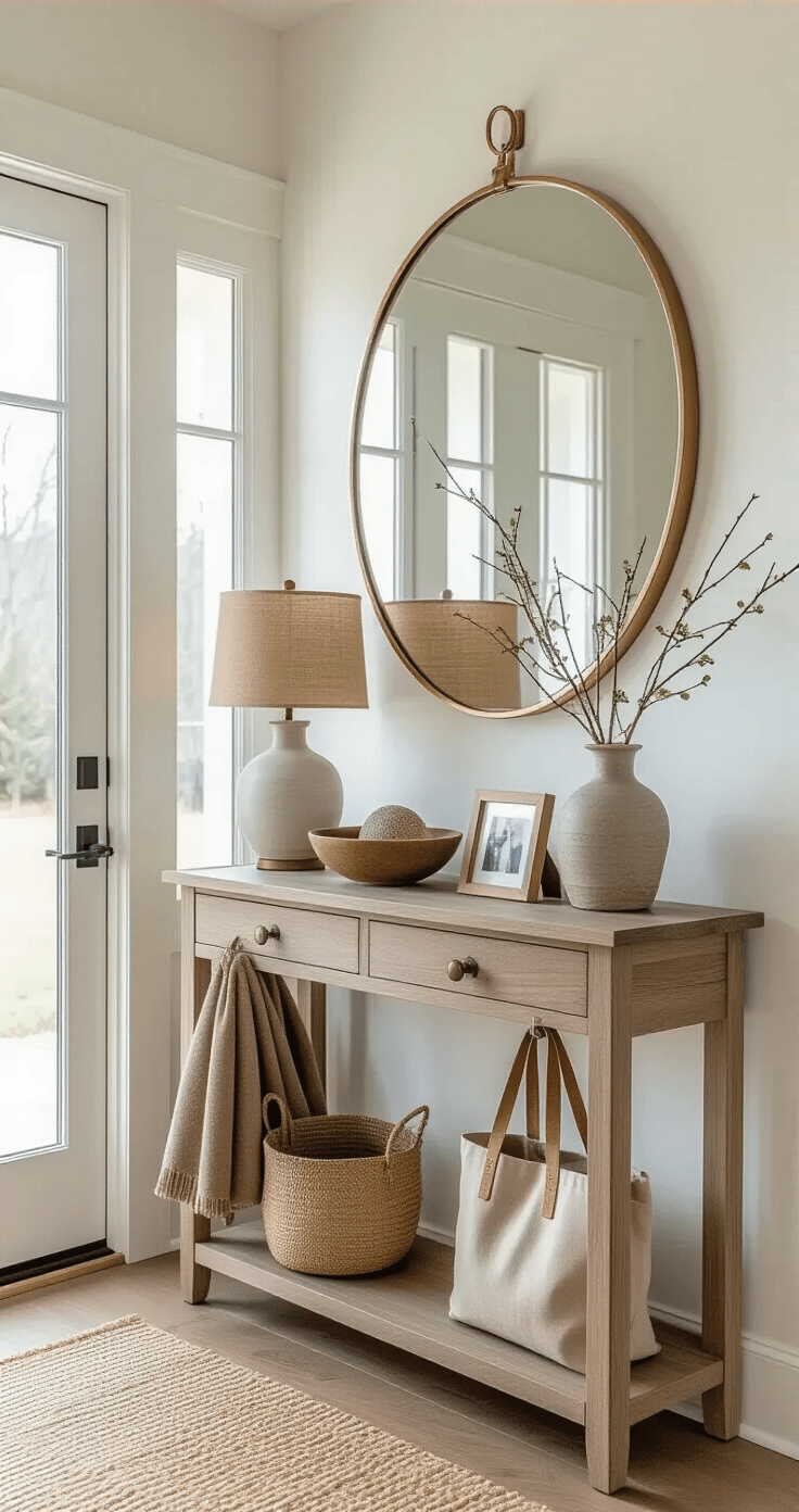 "Home Decor Inspiration: Personalizing Your Space with Style and Function" A well-styled entryway featuring a weathered oak console table with a burlap-shaded lamp, decorative bowl, family photos, and a ceramic vase with branches, complemented by a large round brass-framed mirror. A natural fiber jute runner leads to the living space, while brass coat hooks display a wool coat and canvas tote bag, all illuminated by soft natural light.