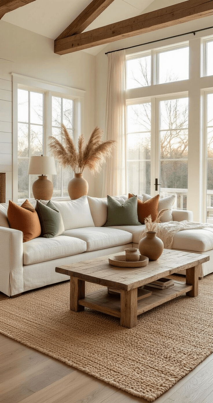 How to Plan an Outdoor Wedding Ceremony in Miami A spacious living room bathed in golden hour light, featuring a cream linen sectional sofa with sage green and terracotta pillows, a reclaimed oak coffee table, and a jute area rug, all set against white shiplap walls and exposed wooden beams. Dried pampas grass in ceramic vases adds height, while warm brass table lamps provide a cozy ambiance, creating a serene atmosphere with earthy tones.