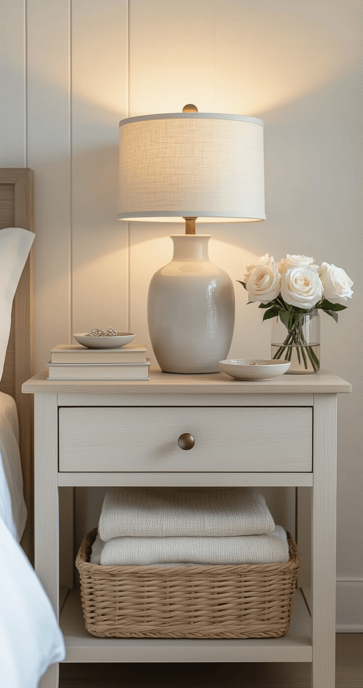 How to Plan an Outdoor Wedding Ceremony in Miami Detail shot of a white oak nightstand styled with a ceramic table lamp, hardcover books, a small jewelry dish, and fresh white roses, illuminated by soft evening light, creating a calming atmosphere.