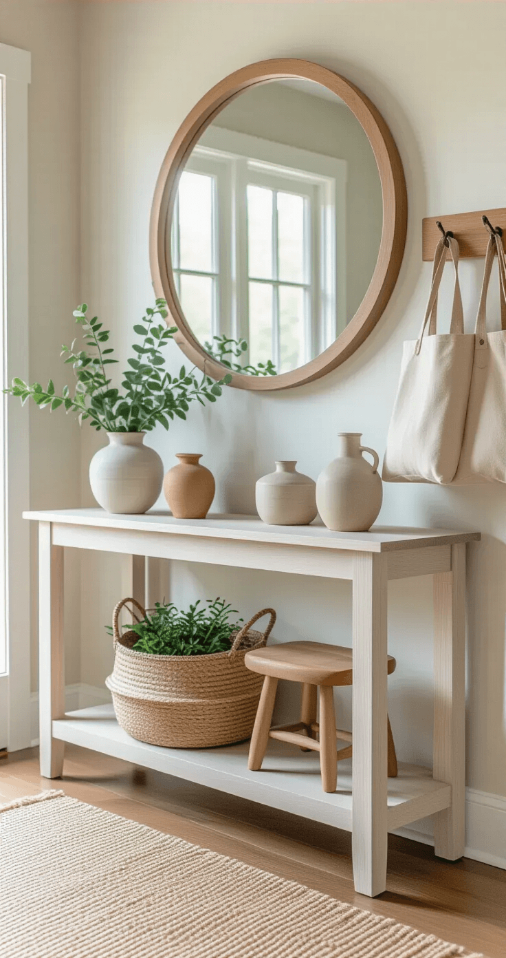 How to Plan an Outdoor Wedding Ceremony in Miami Medium shot of a bright entryway featuring a white oak console table with ceramic vessels, a large round natural wood-framed mirror above, and a woven basket filled with seasonal greenery below, complemented by a small wooden stool and canvas tote bags on wall hooks, all arrayed on a natural jute runner.