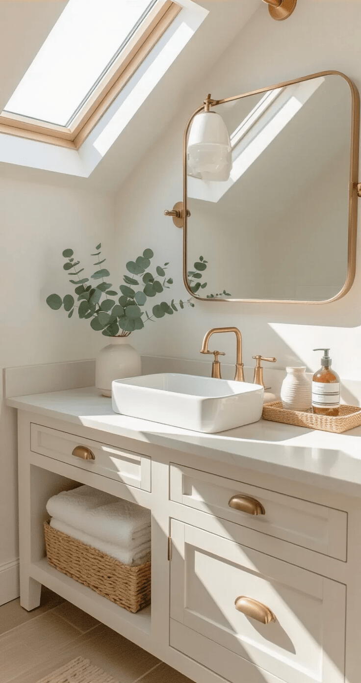 How to Plan an Outdoor Wedding Ceremony in Miami Close-up of a stylish bathroom vanity featuring a white oak floating vanity, white ceramic vessel sink, and brass fixtures. A small ceramic tray holds everyday items, alongside a bud vase with eucalyptus. A woven basket neatly stores rolled oatmeal linen towels, and a thin brass-framed mirror reflects the overhead natural light, creating a clean, spa-like ambiance in a warm wood and white color palette.