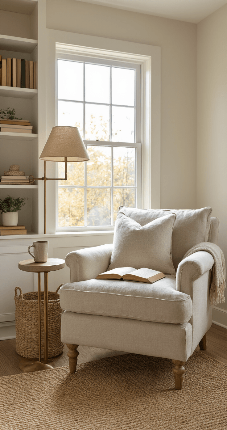 How to Plan an Outdoor Wedding Ceremony in Miami A cozy reading nook featuring a linen-upholstered armchair near a window, with a side table holding a ceramic mug and an open book. A brass floor lamp provides light, and a woven basket contains extra blankets. Built-in shelves display books and plants, all set on a jute rug that enhances the warm, inviting atmosphere.