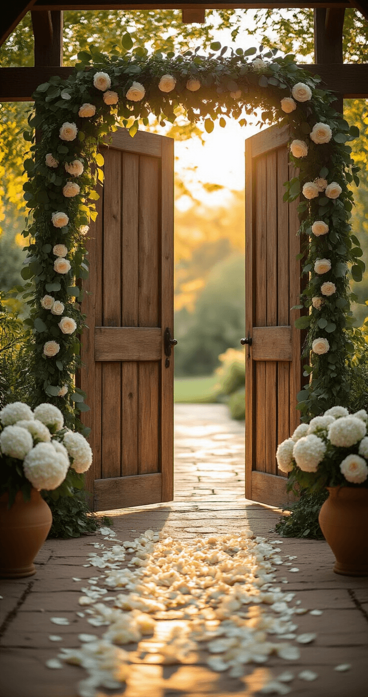 The Game-Changing Outdoor Wedding Entrance That's About to Transform Your Big Day Photorealistic image of rustic wooden ceremony doors partially open in a sunlit garden, adorned with eucalyptus garland and white roses, flanked by terracotta planters filled with hydrangeas, with scattered rose petals creating a natural aisle.