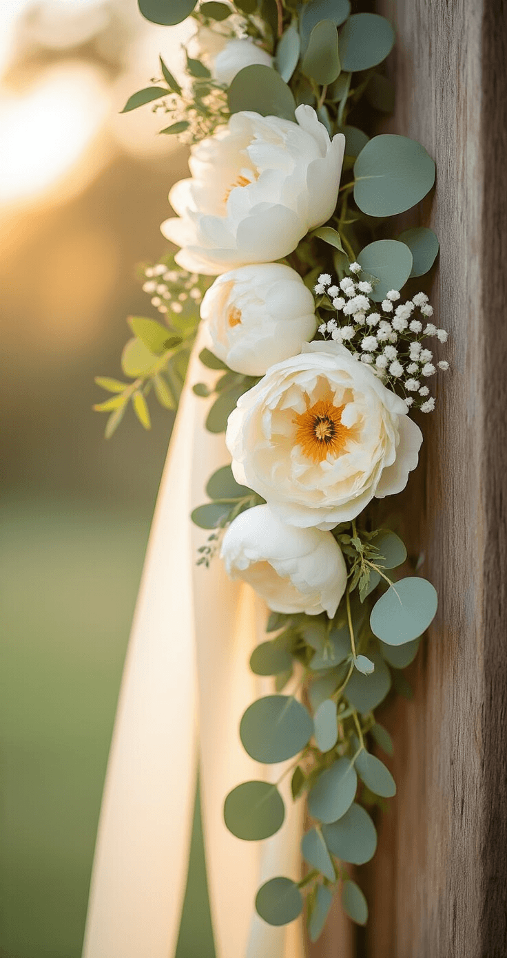 The Game-Changing Outdoor Wedding Entrance That's About to Transform Your Big Day Close-up of a ceremony door styled with eucalyptus garland and white peonies, featuring cream silk ribbons gently flowing in the breeze, with baby's breath nestled among blooms, captured in warm, diffused golden hour light, highlighting textures of wood and fabric.