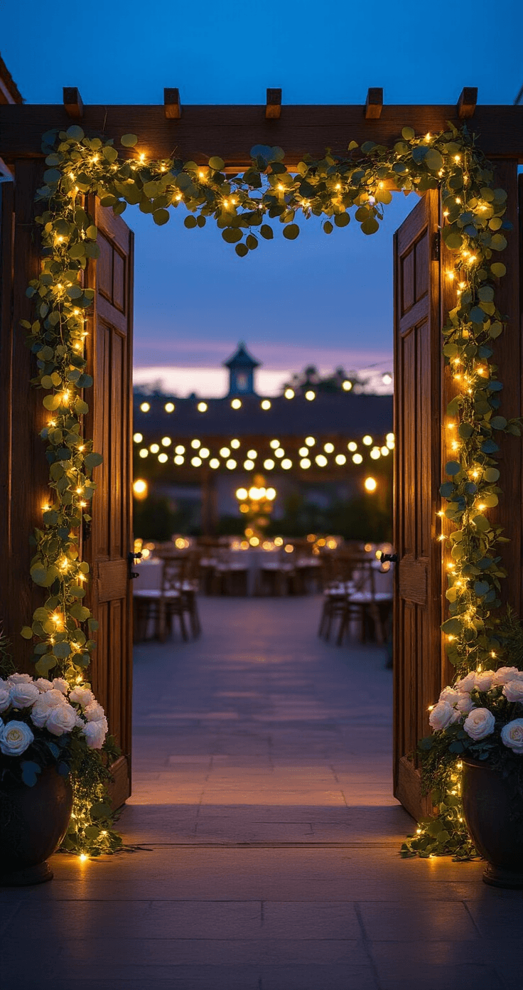 The Game-Changing Outdoor Wedding Entrance That's About to Transform Your Big Day Dramatic outdoor ceremony setup with illuminated wooden doors framed by eucalyptus garland and soft bistro lights, featuring white roses and ivy in large planters, captured from a low angle during twilight.