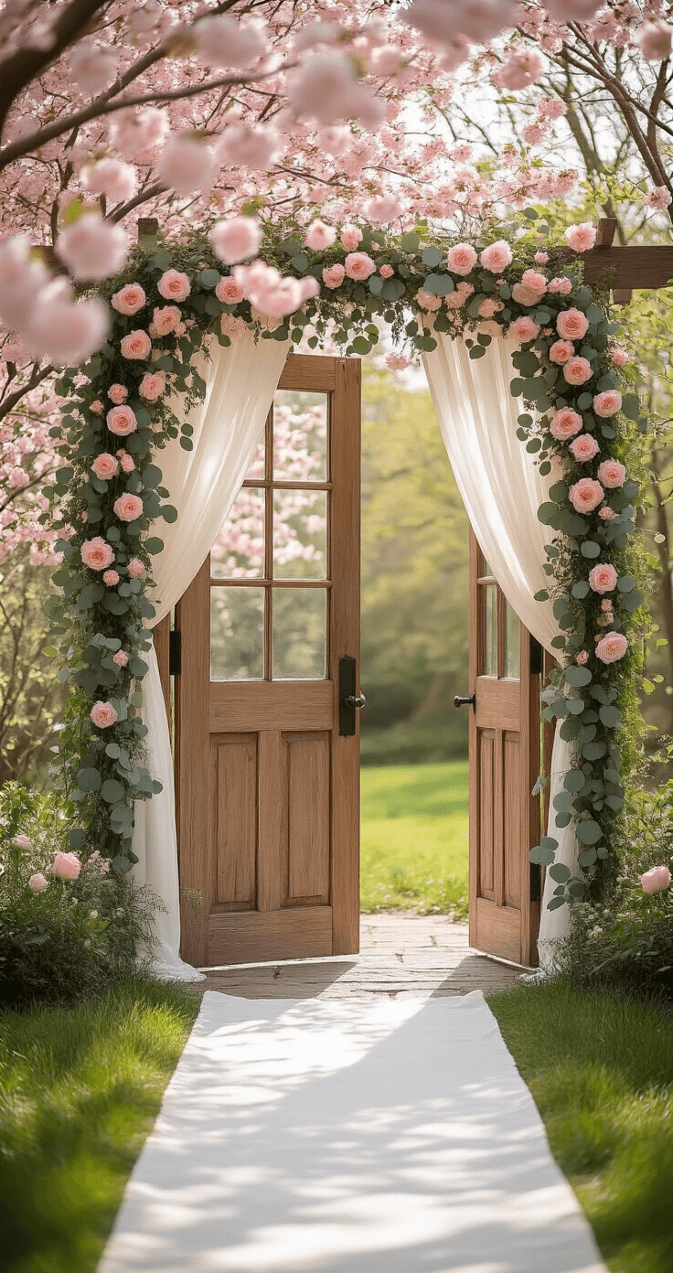 The Game-Changing Outdoor Wedding Entrance That's About to Transform Your Big Day Elegant spring garden ceremony entrance featuring rustic wooden doors adorned with pink roses and eucalyptus, framed by cherry blossom branches, with white fabric runners over emerald grass under dappled morning light.