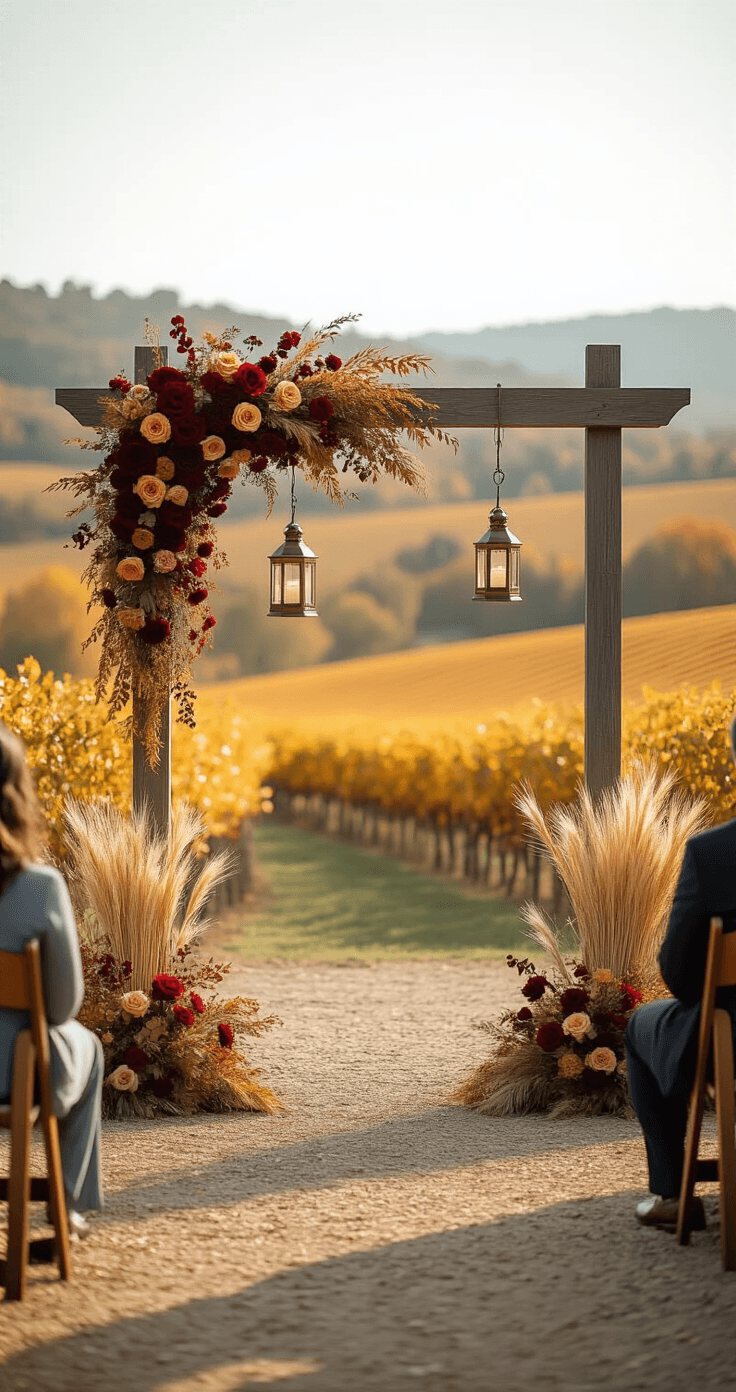 The Game-Changing Outdoor Wedding Entrance That's About to Transform Your Big Day Sophisticated fall wedding door styling in a vineyard, featuring rich burgundy and burnt orange florals against weathered wood, with vintage brass lanterns and autumn foliage in the background.