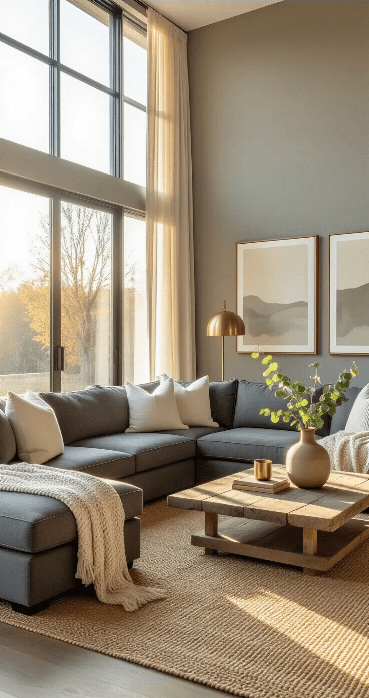 Creating Home Decor Content: Tips for an Engaging Article A modern living room during golden hour, featuring a charcoal gray sectional sofa with cream throw pillows, a sage green chunky knit blanket, a jute area rug, and a reclaimed wood coffee table. Brass accent lamps and eucalyptus branches in a ceramic vase enhance the serene atmosphere, with walls painted in Classic Gray adorned with abstract art in muted earth tones.