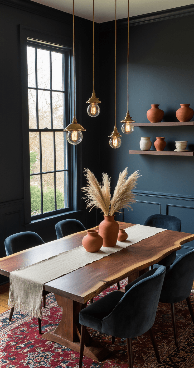 Creating Home Decor Content: Tips for an Engaging Article Intimate overhead view of an elegantly styled dining room featuring a live-edge walnut table, charcoal velvet chairs, and dramatic pendant lighting, with rich textures from a vintage Persian rug and natural linen runner, set against moody Farrow & Ball Railings-painted walls.