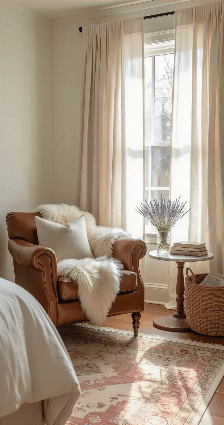 Creating Home Decor Content: Tips for an Engaging Article Cozy bedroom corner with soft morning light, featuring a vintage cognac leather armchair, a round marble side table, a sheepskin throw, woven basket of books, and dried lavender in glass, all set against warm white walls, natural wood trim, and a faded Oushak rug on hardwood floors.