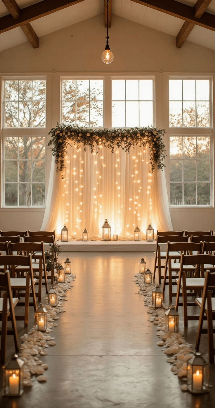 Your Ultimate Guide to Outdoor Wedding Lighting That'll Make Your Guests Gasp Elegant indoor ceremony rehearsal space illuminated by golden hour light, featuring a white fabric altar, fairy light backdrop, and vintage wooden chairs arranged with cream and blush linens, surrounded by glass lanterns with LED candles and rose petals.