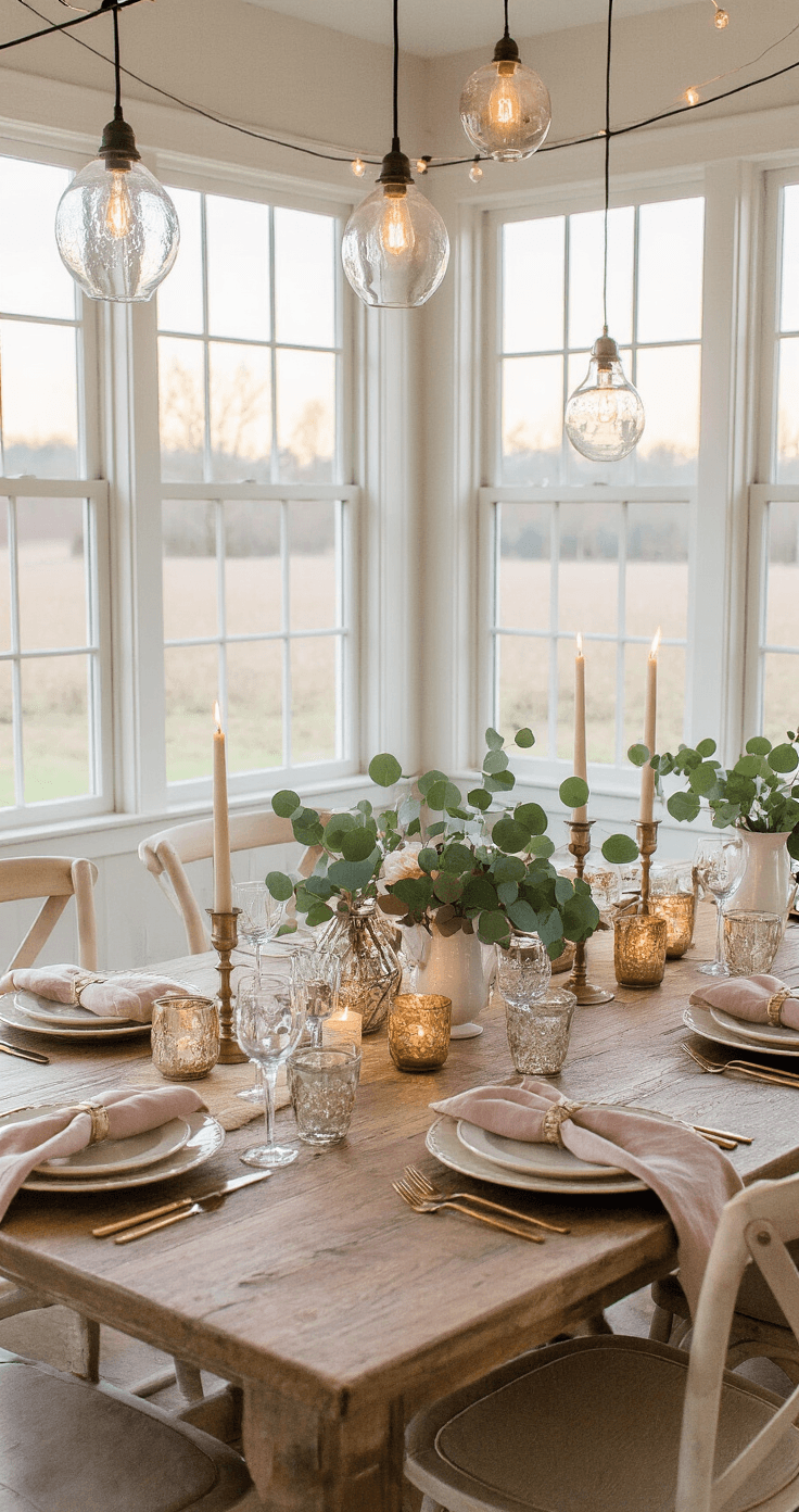 Your Ultimate Guide to Outdoor Wedding Lighting That'll Make Your Guests Gasp Close-up view of a cozy dining room at twilight, featuring a 12-person farmhouse table with aged wood, surrounded by mismatched vintage chairs. The scene is illuminated by a canopy of string lights and hanging glass terrariums with candles, showcasing a beautifully arranged table setting with brass candlesticks, mercury glass votives, and a eucalyptus centerpiece. Soft linen napkins and gold-rimmed charger plates add elegance under warm, ambient lighting.