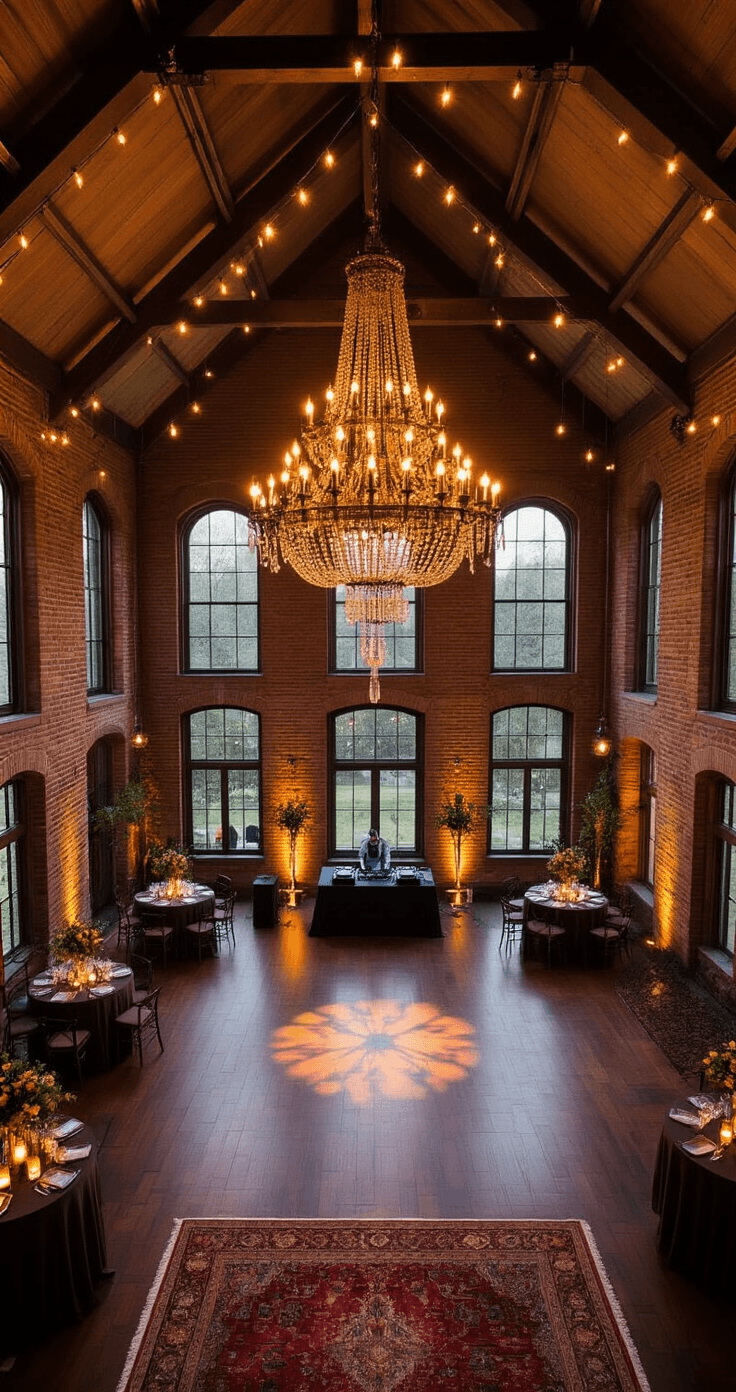 Your Ultimate Guide to Outdoor Wedding Lighting That'll Make Your Guests Gasp Overhead view of a spacious indoor dance floor during an evening reception, featuring dramatic chandelier lighting, vaulted ceilings, dark hardwood floors, and an exposed brick wall, with a large rustic chandelier and smaller pendant lights, string lights defining the space, vintage rugs, cocktail tables with lanterns, and a DJ setup, all illuminated in moody amber and gold tones.