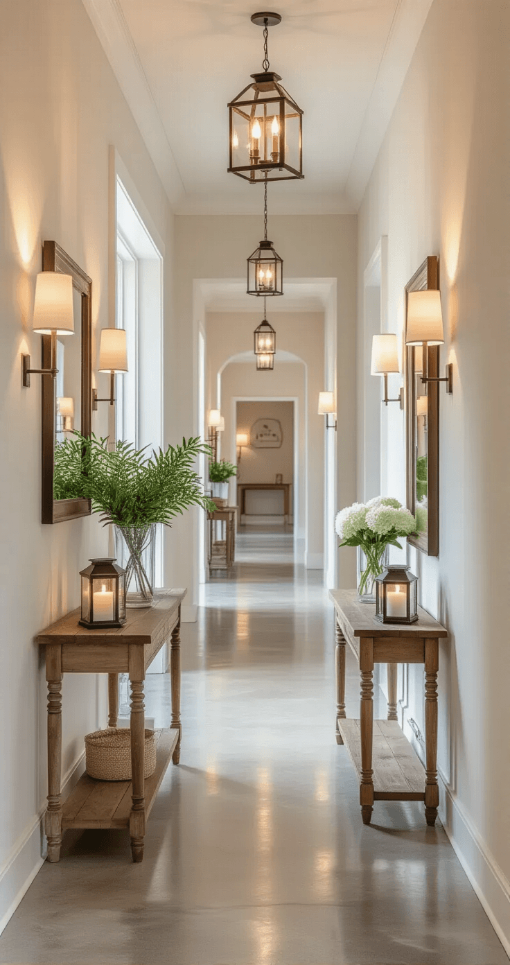 Your Ultimate Guide to Outdoor Wedding Lighting That'll Make Your Guests Gasp A contemporary hallway with neutral walls and polished concrete floors, featuring battery-operated lanterns of varying heights, wall sconces for ambient lighting, and string lights along the ceiling. Wooden console tables adorned with candles, mirrors reflecting light, and fresh greenery and white flowers create a warm, inviting atmosphere, captured from eye level with a 35mm lens.