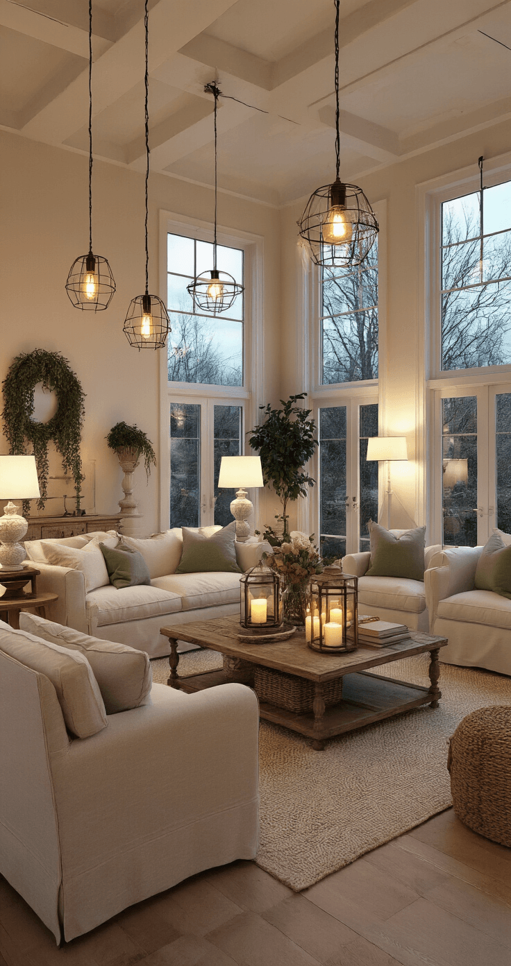 Your Ultimate Guide to Outdoor Wedding Lighting That'll Make Your Guests Gasp Cozy living room at twilight featuring layered lighting zones, vintage furniture in cream and sage, and cascades of greenery, with Edison bulb market lights overhead and grouped lanterns on tables, creating an intimate atmosphere.