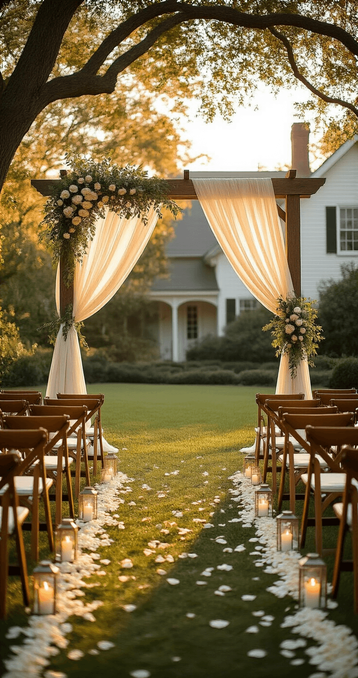 My Guide to Creating Pinterest-Worthy Outdoor Wedding Magic Wide-angle shot of an intimate backyard wedding ceremony during golden hour, featuring a rustic wooden arch with ivory chiffon draping, eucalyptus arrangements, and cross-back wooden chairs along a petal-strewn aisle. Hurricane glass lanterns with LED candles line the path, set against a backdrop of dappled sunlight filtering through oak trees and a charming colonial home. The scene reflects a romantic, naturally elegant atmosphere.